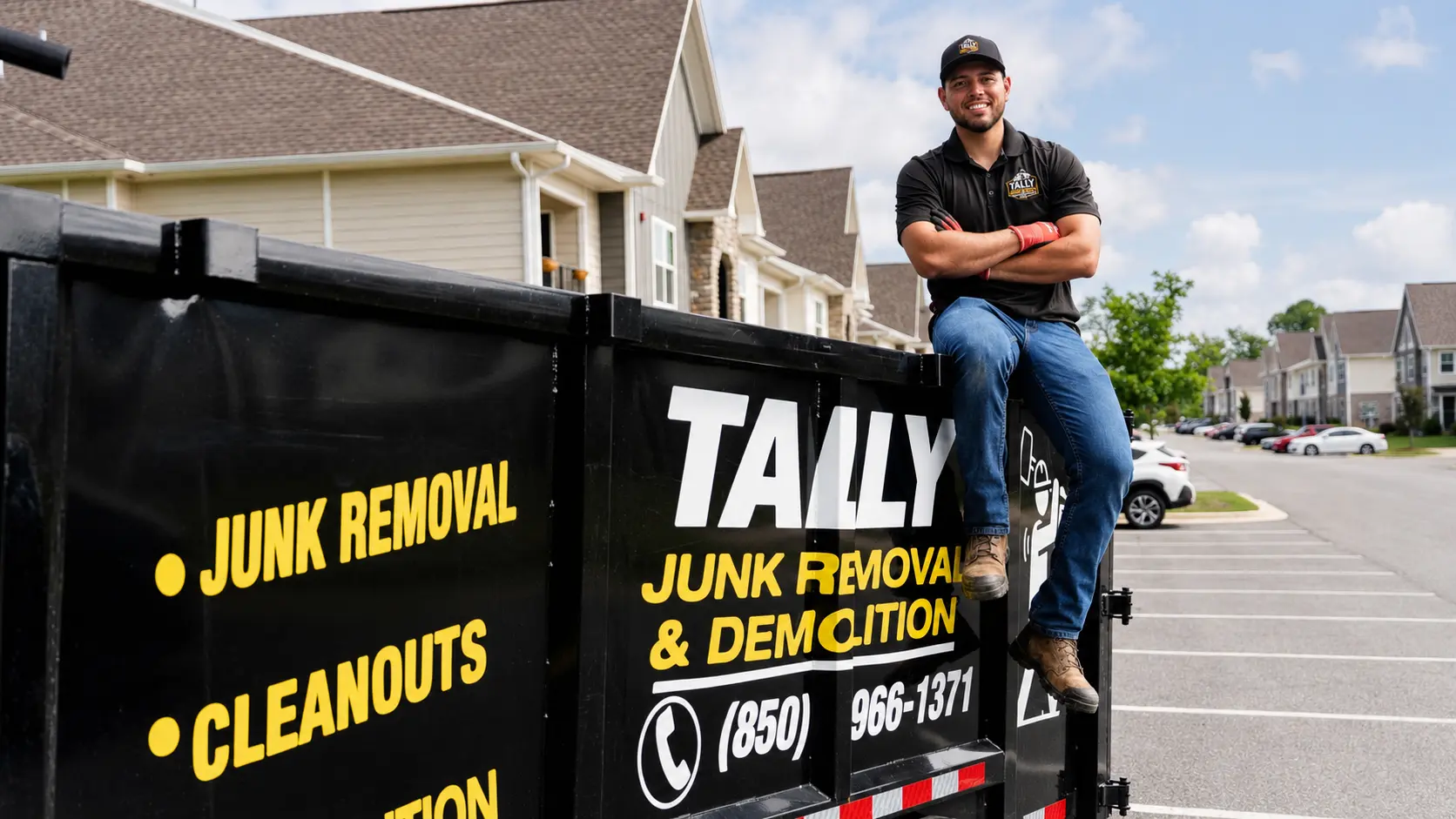 Owner of Tally Junk Removal & Demolition sitting on the branded dump trailer in Tallahassee