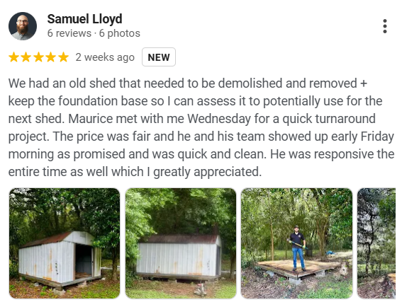 Five-star review from Samuel Lloyd on a shed demolition and removal job